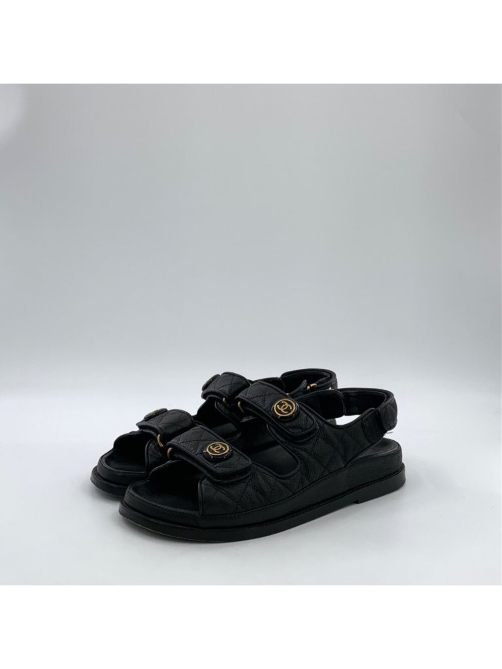 Chanel Black Quilted Double C Velcro Flat Sandals